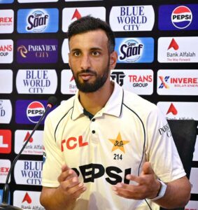 Pakistan Test cricket team captain Shan Masood addressing a press conference at the Rawalpindi Cricket Stadium.