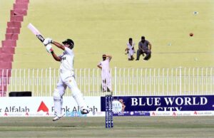 Pakistani batsman Saim Ayub plays shot during the first day of the 1st Test cricket match between Pakistan and Bangladesh teams at the Rawalpindi Cricket Stadium.