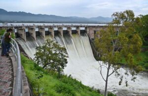 A view of the spillways of the Rawal Dam being opened, this measure is being taken as a precaution due to rising water levels in the dam caused by recent heavy rains.