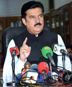 Governor Khyber Pakhtunkhwa Faisal Karim Kundi addressing a press conference at Iqbal Academy.