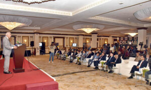 Federal Minister for Maritime Affairs Qaiser Ahmed Sheikh addressing during one-day conference titled 'COLMAB 24' on Logistics, Maritime Affairs and Blue Economy.