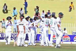 Pakistani batsman Saim Ayub plays shot during the first day of the 1st Test cricket match between Pakistan and Bangladesh teams at the Rawalpindi Cricket Stadium.