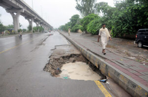 A view of the damage General Bus Stand Road during monsoon rain may cause any mishap and needs the attention of concerned authorities.