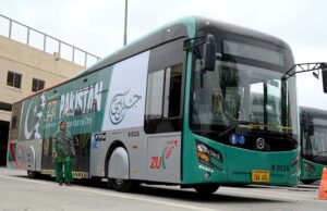 A view of BRT bus decorated with national flag for the celebrations of 77 Independence Day at Trans Peshawar Terminal.