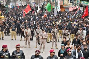 Security officials standing high alert as a large number of mourners attending Chehlum procession to commemorate the martyrdom of Hazrat Imam Hussain (RA) the grandson of the Holy Prophet Mohammad (PBUH).
