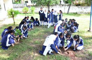 Students of Model College for Girls I-8/4 are planting saplings in connection with Independence Day.