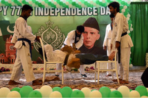Karate players demonstrating tricks during Independence Day at circuit house
