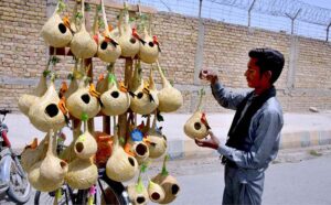 A street vendor sells handmade bird nests for garden aimed the upcoming breeding season of birds in the region