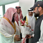 Federal Minister for Religious Affairs and Interfaith Harmony, Chaudhry Salik Hussain, warmly welcomes Sheikh Dr. Salah Al-Budair, the Imam of Masjid Nabawi, at Islamabad International Airport