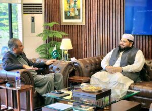 Federal Minister for Interior Mohsin Naqvi in a meeting with JUP Secretary General Owais Noorani.