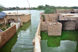 Residents of Saharash Nagar flooded, near the Indus River, as river waters overflow into homes, causing significant damage and widespread inundation.
