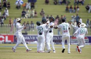 Players of Bangladesh cricket team celebrates after winning the 1st Test match by 10 wickets against Pakistan at the Rawalpindi Cricket Stadium.