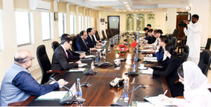 Federal Minister for Finance and Revenue Senator Muhammad Aurangzeb in a meeting with Charge D'affaires Mr. Shi Yuanqiang and other officials of the Embassy of People's Republic of China