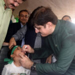 Sindh Chief Minister Syed Murad Ali Shah launches a 10-day polio eradication campaign by administering polio drops to children at Khalid Jameel Dispensary, Garden East