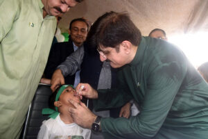 Sindh Chief Minister Syed Murad Ali Shah launches a 10-day polio eradication campaign by administering polio drops to children at Khalid Jameel Dispensary, Garden East