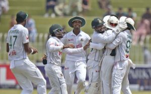 Players of Bangladesh cricket team celebrates after winning the 1st Test match by 10 wickets against Pakistan at the Rawalpindi Cricket Stadium.