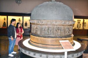 Students visiting rare historical cultural artwork and sculptures in the Historical Lahore Museum.