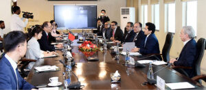 Federal Minister for Finance and Revenue Senator Muhammad Aurangzeb in a meeting with Charge D'affaires Mr. Shi Yuanqiang and other officials of the Embassy of People's Republic of China