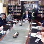 Federal Minister for Finance and Revenue, Senator Muhammad Aurangzeb in a meeting with a delegation of Meezan Bank, led by the Chairman of the Board of Directors, Mr. Riyadh S.A.A Edrees