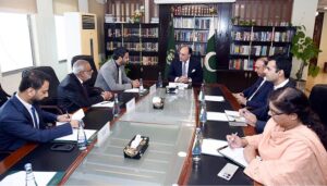 Federal Minister for Finance and Revenue, Senator Muhammad Aurangzeb in a meeting with a delegation of Meezan Bank, led by the Chairman of the Board of Directors, Mr. Riyadh S.A.A Edrees