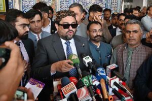 Governor Sindh Kamran Tessori addressing to media persons on the occasion of the 281st Urs celebration of Hazrat Shah Abdul Latif Bhitai.