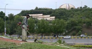 CDA worker trimming grasses of greenbelt area along Islamabad Express Way.