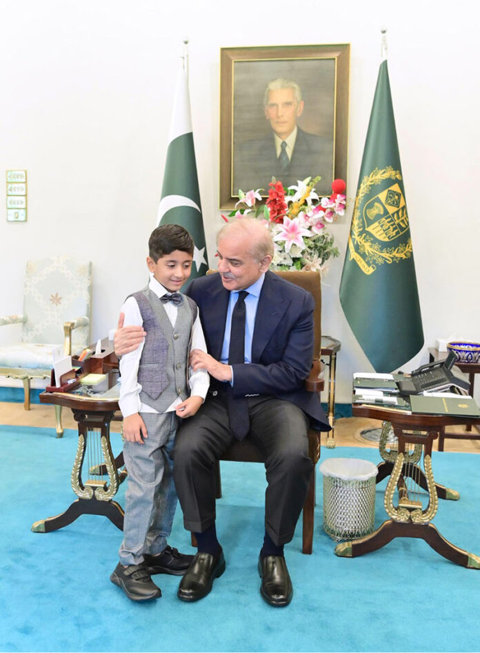 Guinness World Record holder Sufyan Mehsood along with his father Irfan Mehsood calls on Prime Minister Muhammad Shehbaz Sharif