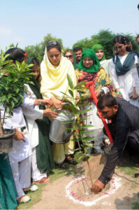 Commissioner Maryam Khan Planting a tree at Women University during 77th Independence Day of Pakistan