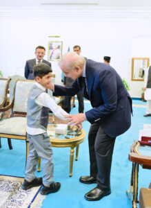Guinness World Record holder Sufyan Mehsood along with his father Irfan Mehsood calls on Prime Minister Muhammad Shehbaz Sharif