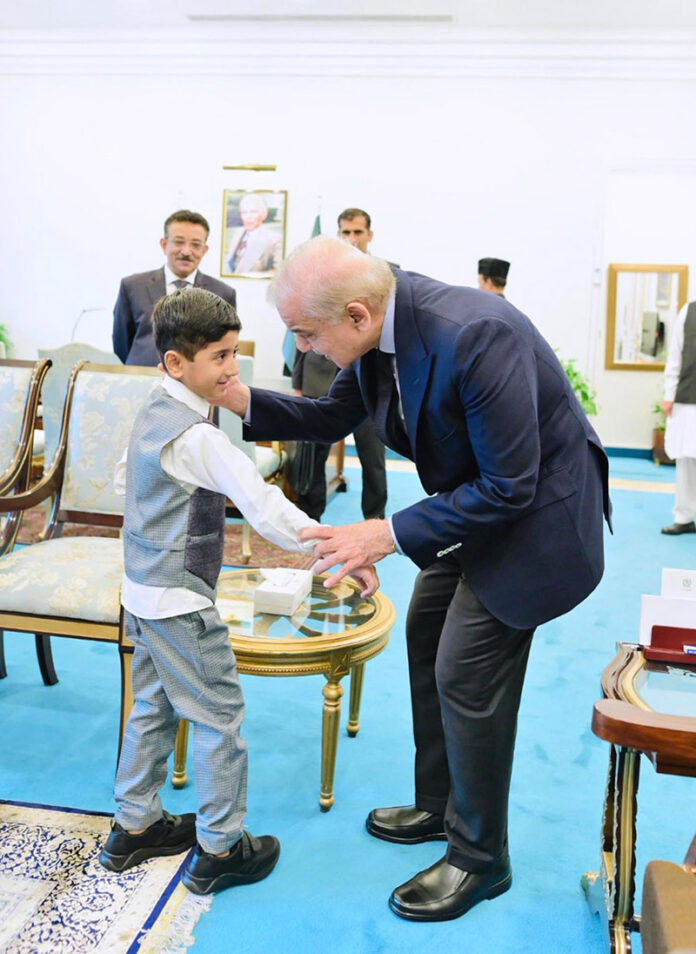 Guinness World Record holder Sufyan Mehsood along with his father Irfan Mehsood calls on Prime Minister Muhammad Shehbaz Sharif