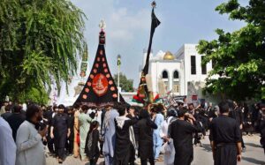 A large number of mourners attending Chehlum procession to commemorate the martyrdom of Hazrat Imam Hussein (RA) the grandson of Holy Prophet Muhammad (PBUH).