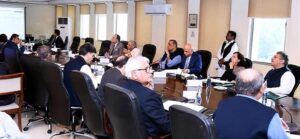 Federal Minister for Finance & Revenue Senator Muhammad Aurangzeb presiding over a meeting of Economic Coordination Committee (ECC)