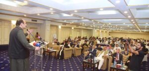 -Chairman Prime Minister Youth Programme Rana Mashhood Ahmed Khan addresses a ceremony to honor Pakistan Street Football team.