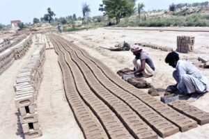 Workers busy in routine work at a brick kiln house.