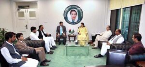 Chairperson Benazir Income Support Programme Senator Rubina Khalid briefs Governor Khyber Pakhtunkhwa Faisal Karim Kundi on BISP's newly launched initiatives at BISP headquarters.