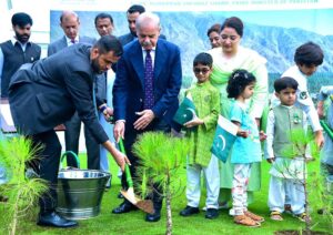 Prime Minister Muhammad Shehbaz Sharif planting a sapling to launch the 'Monsoon Tree Plantation Campaign 2024