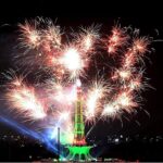 An attractive view of fireworks at Minare-e-Pakistan (Greater Iqbal Park) to mark Independence Day celebrations in the Provincial Capital