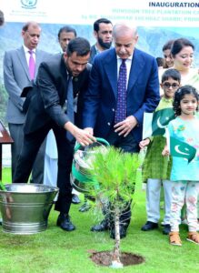 Prime Minister Muhammad Shehbaz Sharif planting a sapling to launch the 'Monsoon Tree Plantation Campaign 2024