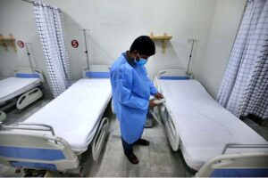 Paramedical staff prepare an isolation ward set up as a preventative measure following Pakistan's health ministry has confirmed a case of Mpox in the KP, at a Police & Services Hospital.