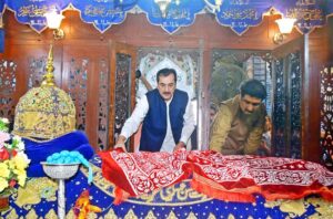 Chairman Senate Syed Yusuf Raza Gilani addressing to media persons after laying wreath on the grave of Hazrat Shah Abdul Latif Bhitai on the occasion of his 281st Urs celebration.
