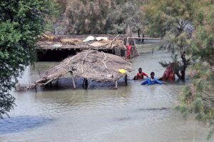 Flood affected people of Ali Nawaz Siyal village taluka Gambat passing through flood water to safer place in flood hit area of Indus River near Larkana-Khairpur Road.