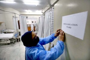 Paramedical staff prepare an isolation ward set up as a preventative measure following Pakistan's health ministry has confirmed a case of Mpox in the KP, at a Police & Services Hospital.
