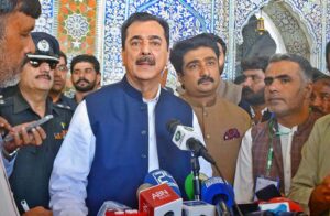Chairman Senate Syed Yusuf Raza Gilani addressing to media persons after laying wreath on the grave of Hazrat Shah Abdul Latif Bhitai on the occasion of his 281st Urs celebration.