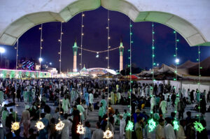 An attractive view of Data Darbar decorated with colorful lights in connection with 981 Urs Celebration Of Data Ali Hajveri(RA) as a large number of people arrives to attend the three day Urs celebration of renowned Sufi Data Gunj Buksh.