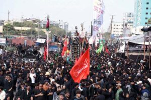 Mourners attending the Chehlum procession at M.A. Jinnah Road to commemorate the martyrdom of Hazrat Imam Hussain (RA) the grandson of Holy Prophet Muhammad (PBUH).