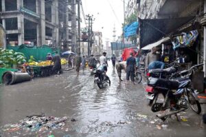 A view of stagnant rain water at old city area during monsoon rain in the metropolis.