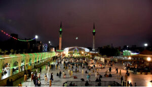 An attractive view of Data Darbar decorated with colorful lights in connection with 981 Urs celebrations of Data Ali Hajveri