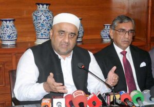 Chief Coordinator to Prime Minister for Tajir Dost Scheme Muhammad Naeem Mir addressing a press conference at the South Punjab Secretariat.