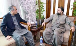 Federal Minister for Interior Mohsin Naqvi in a meeting with Chief Minister Balochistan Sarafraz Ahmad Bugti in CM House.