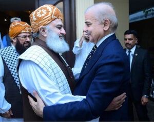 Prime Minister Muhammad Shehbaz Sharif meets the President of Jamiat Ulema-e-Islam (F) Maulana Fazal ur Rehman.